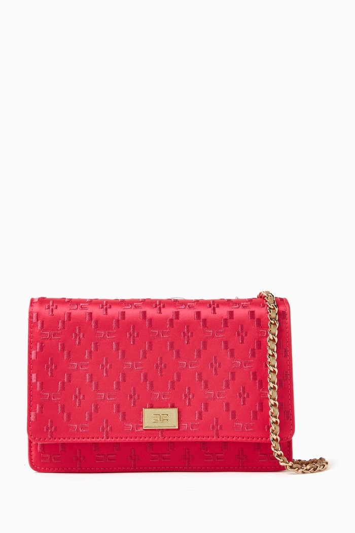 

Embroidered Wallet on Chain in Satin, Pink