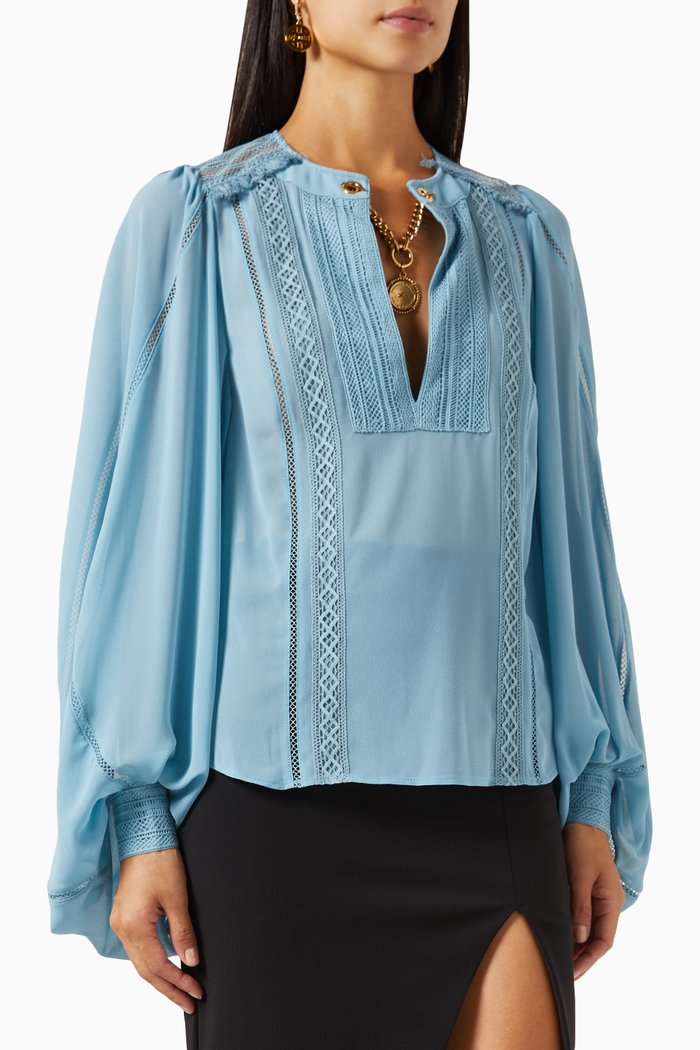 

Lace-insert Blouse in Georgette, Blue