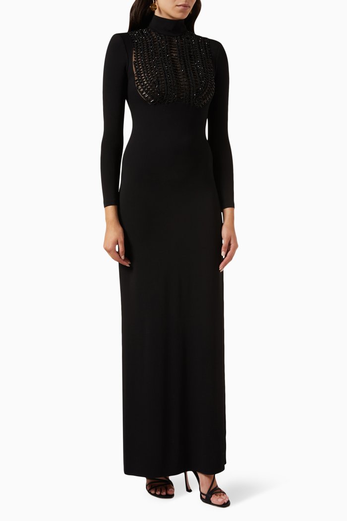 Embroidered Ascot-tie Maxi Dress in Jersey, Black