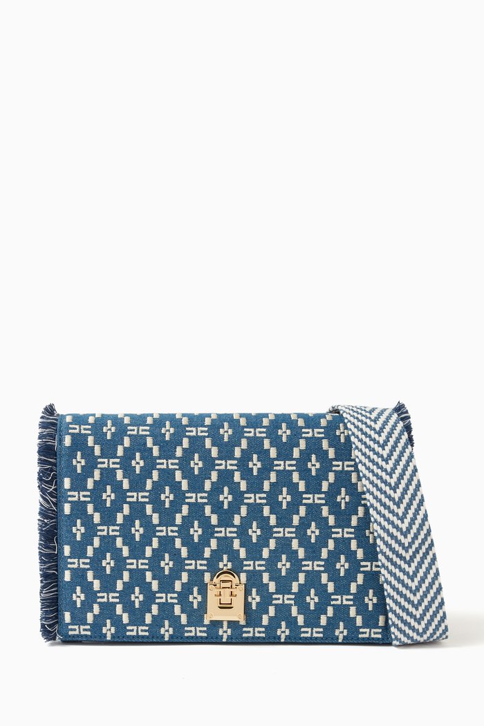 

Embroidered & Frayed Shoulder Bag in Denim, Blue