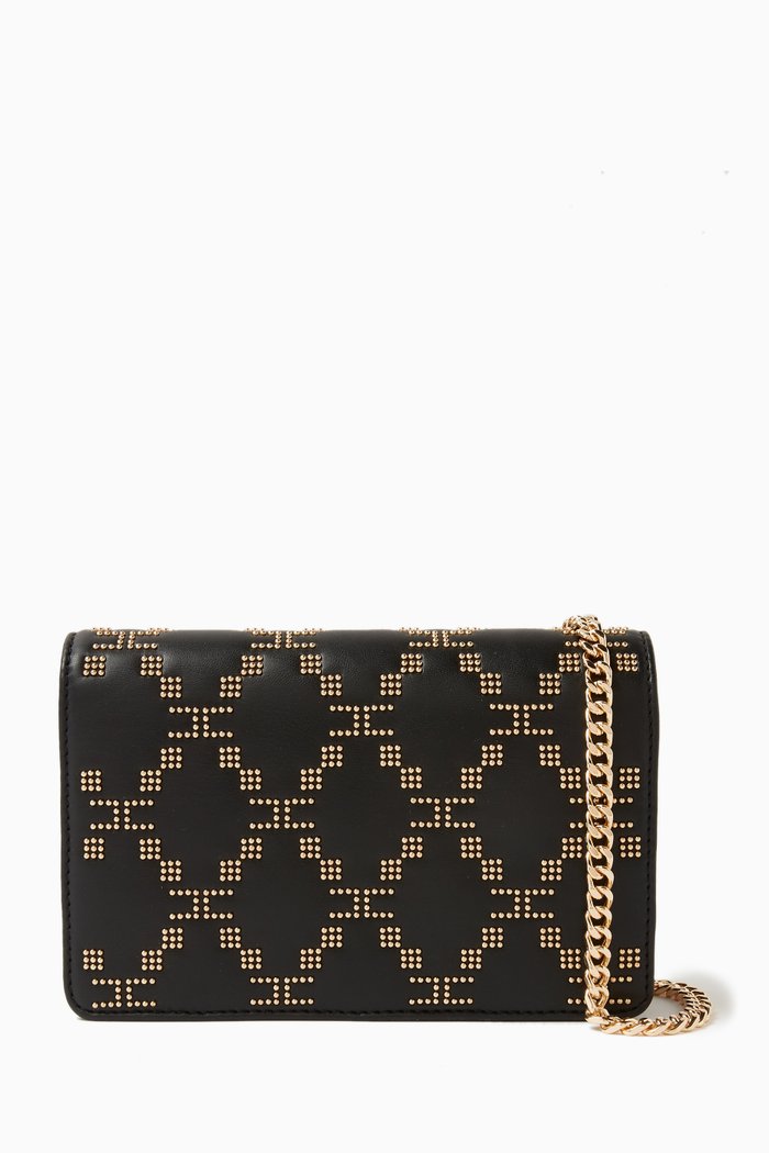 Mini Studded Chain Wallet in Faux Leather, Black