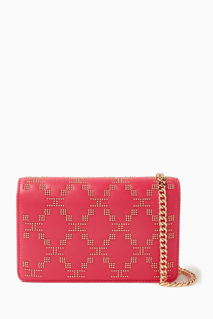 Mini Studded Chain Wallet in Faux Leather, Pink