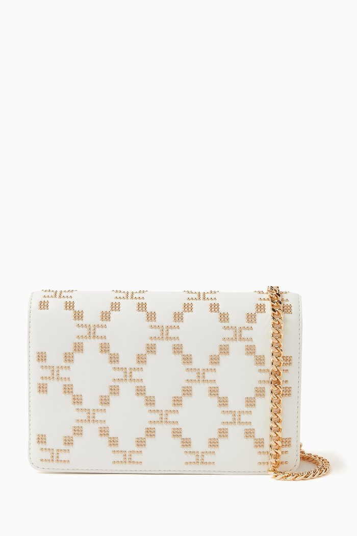 Mini Studded Chain Wallet in Faux Leather, White