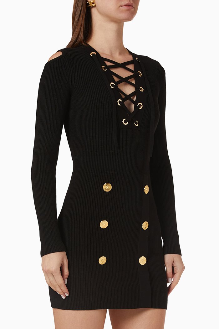 

Lace-up Eyelet Mini Dress in Knit, Black