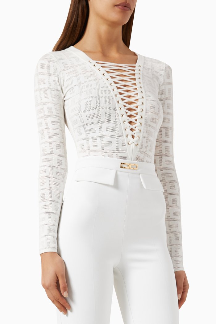

Net-stitch Logo Shoelace Bodysuit in Viscose, White
