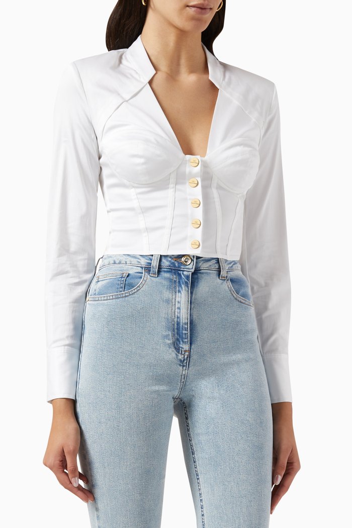 

Bustier-cut Shirt in Cotton Satin, White