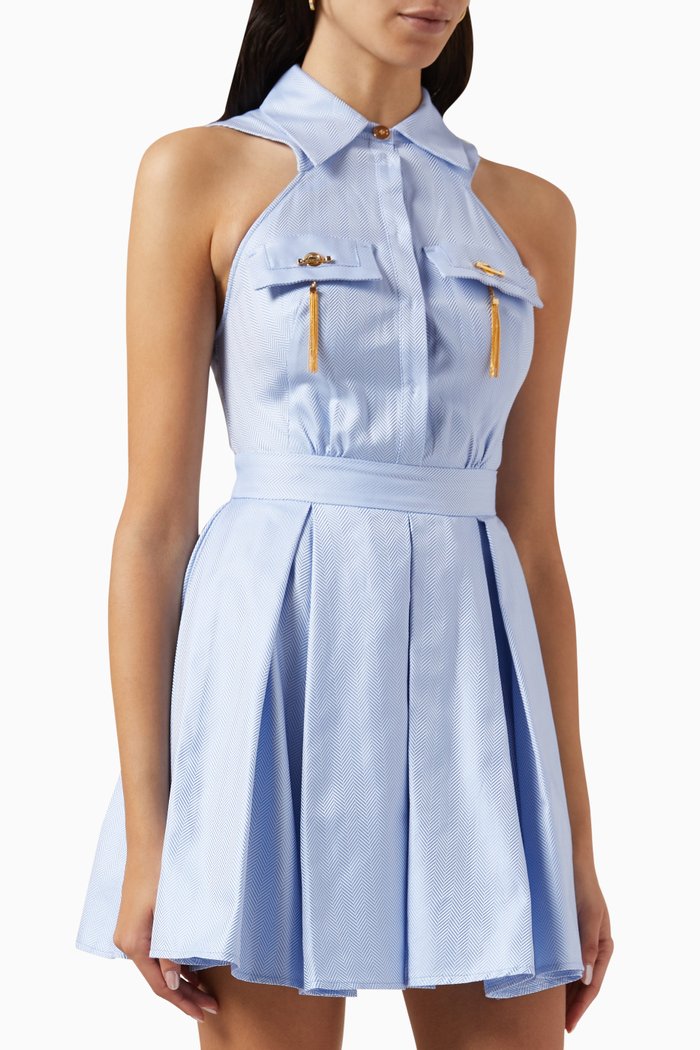 

Pleated Mini Shirt Dress in Chevron-weave Cotton, Blue