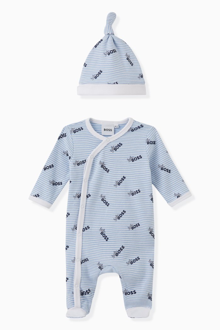 

Striped Logo-print Sleepsuit & Hat Set in Cotton-jersey, Blue