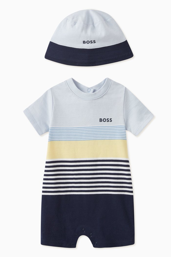 

Stripe Logo Print Romper & Hat Set in Cotton, Blue