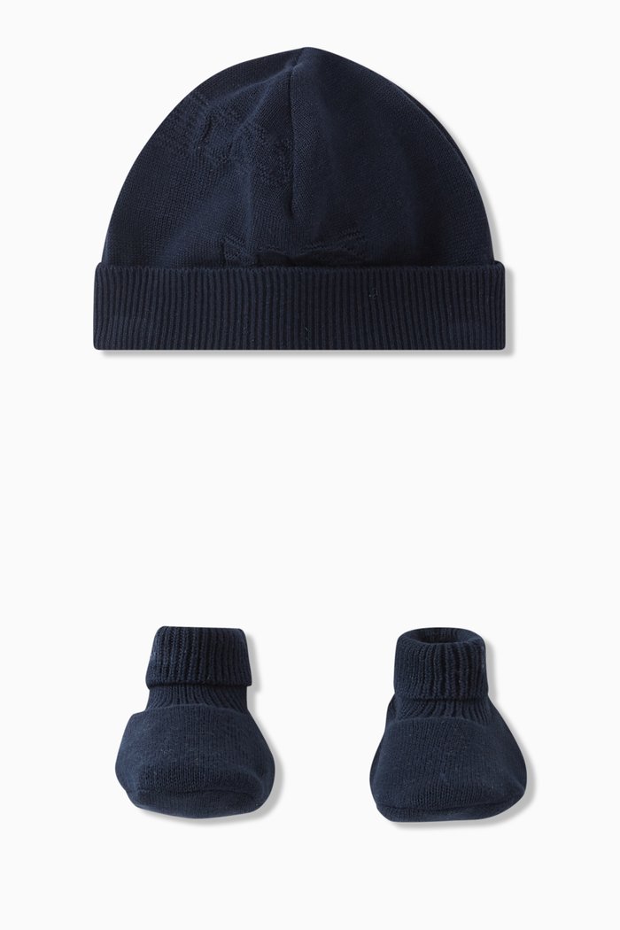 

Intarsia Knit Hat and Booties in Cotton, Blue