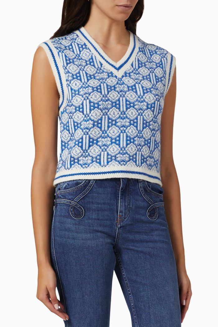 

Clover-print V-neck Vest in Jacquard-knit, Blue