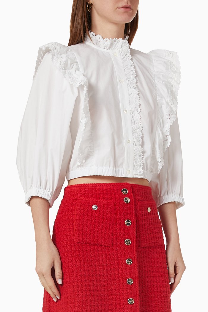 

Lace Ruffled Cropped Blouse in Cotton, White
