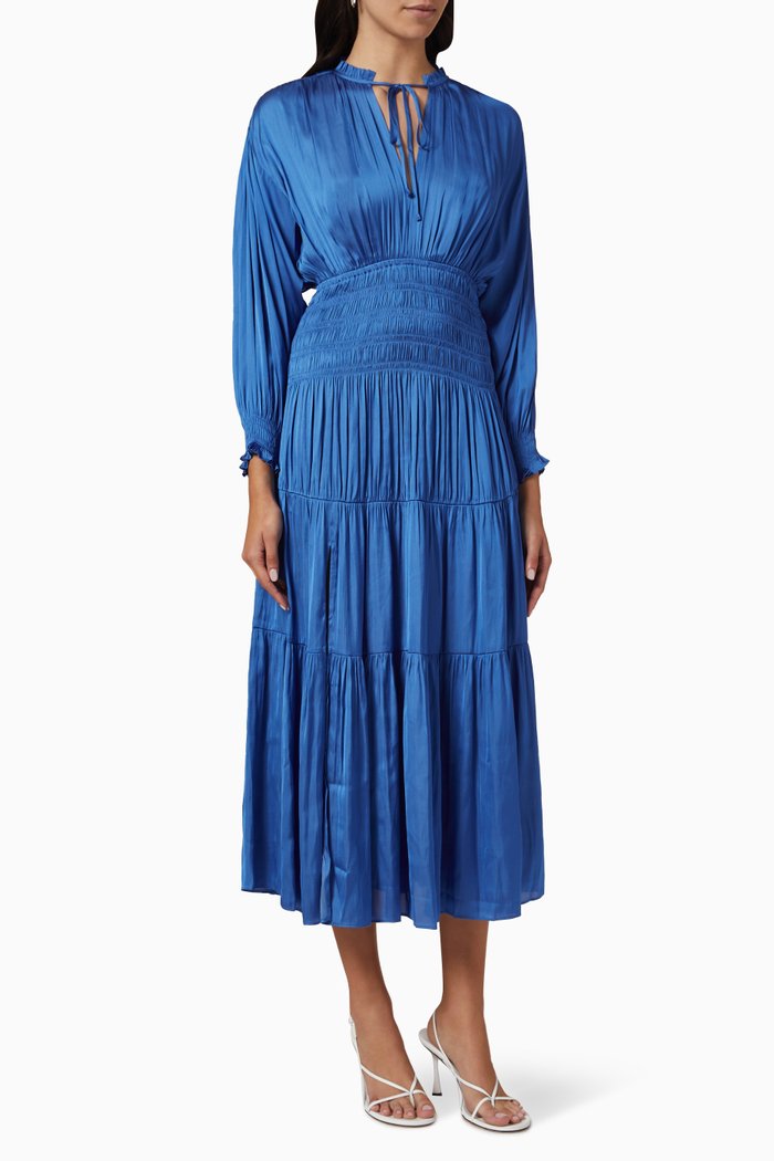 Pleated Midi Dress in Satin, Blue