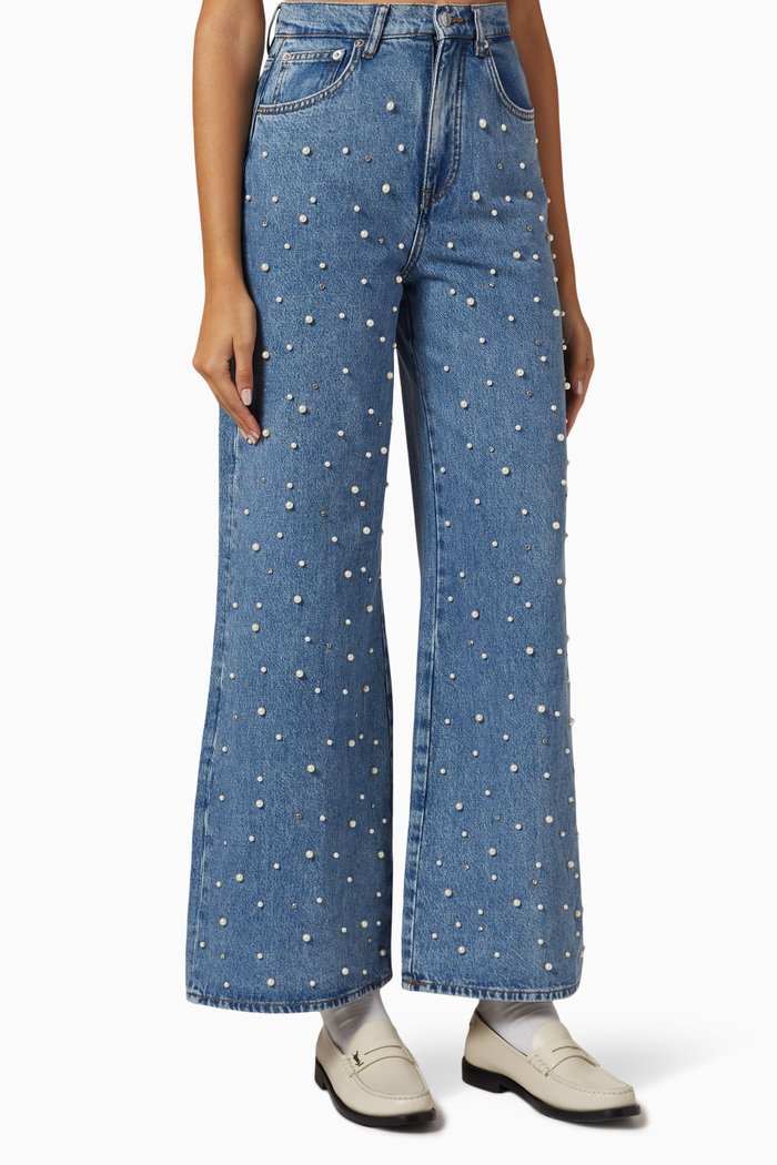 

Bead-embellished Wide-leg Jeans in Denim, Blue