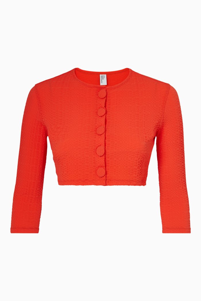 

Crop Cardigan in Seersucker, Red