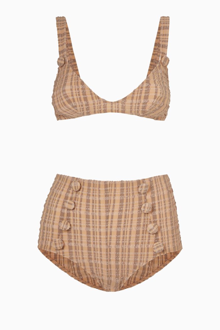 

Magadalena High Waist Bikini Set in Seersucker, Brown