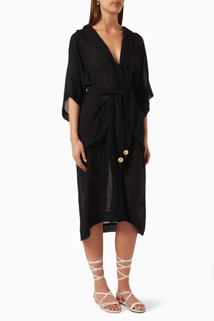 

Hooded Long Gown in Organic Gauze, Black