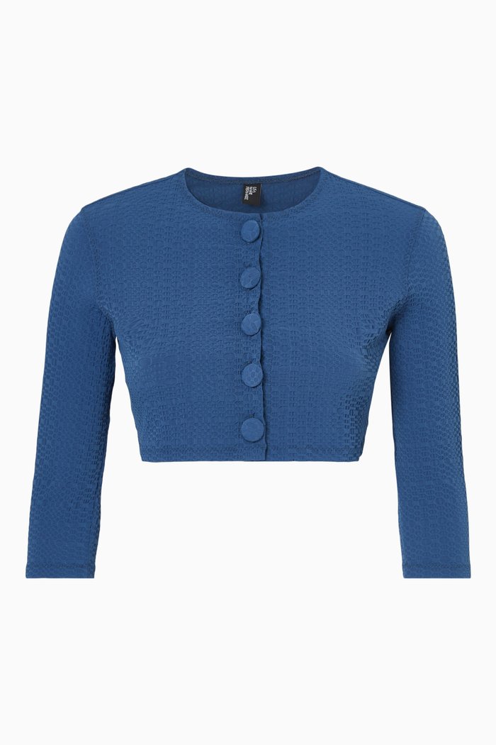 

Crop Cardigan in Seersucker, Blue