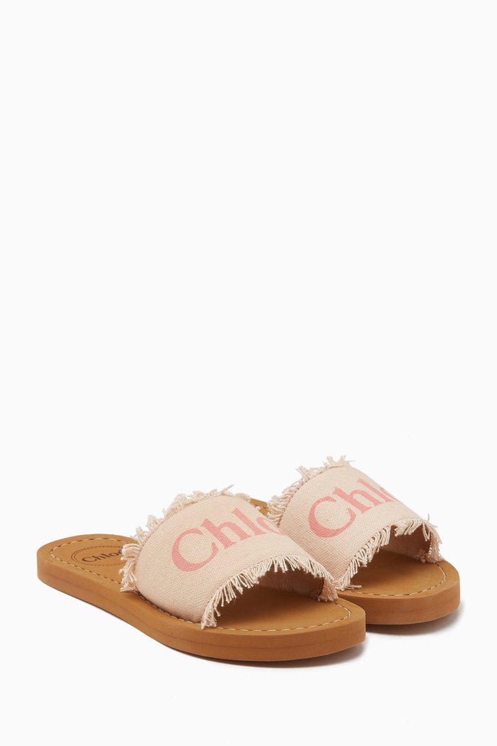 

Logo Fringed Slides in Textile, Pink