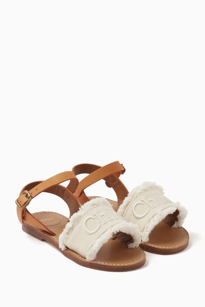 

Logo Fringed Sandals in Canvas & Leather, White