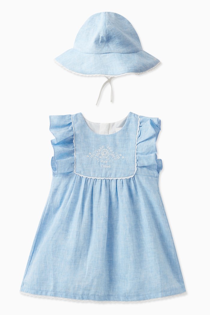 

Logo Short Sleeved Dress and Hat in Linen, Blue