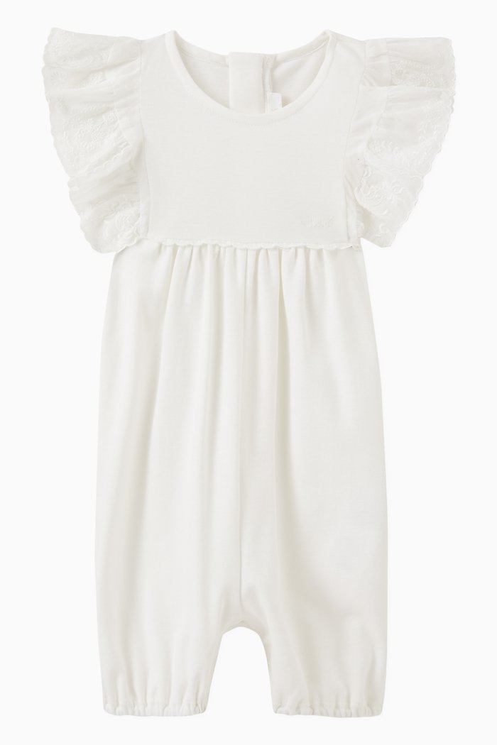 

Short Sleeved Scallop Romper in Cotton, Neutral