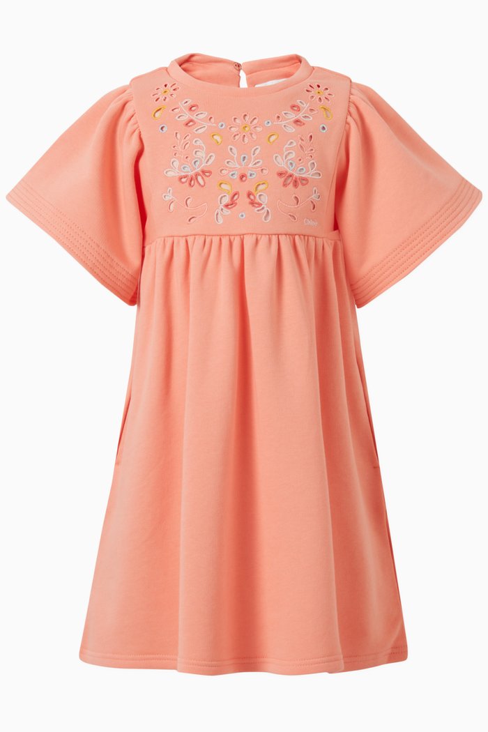 Embroidered Dress in Cotton, Pink