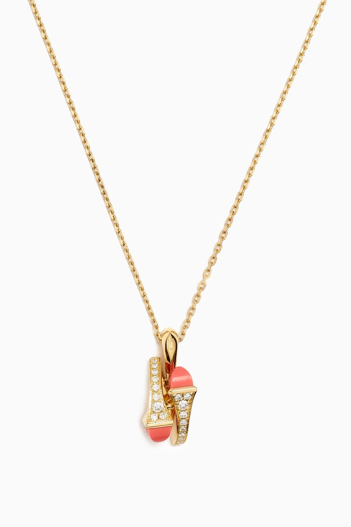 

Cleo Huggie Pendant Diamond & Pink Coral Necklace in 18kt Gold, Yellow