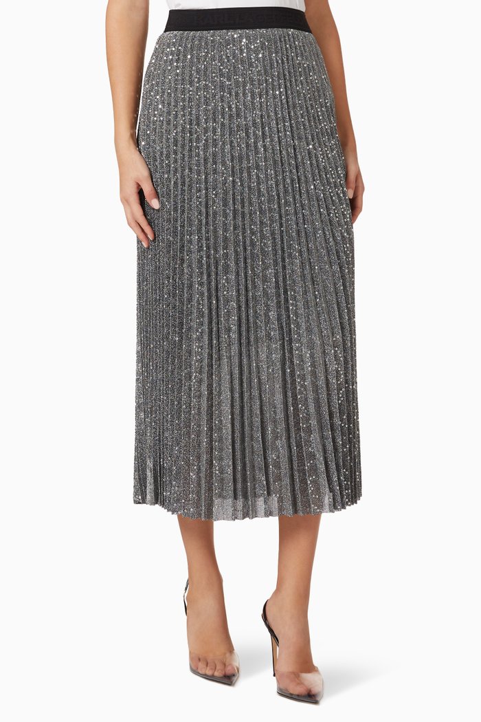 

Sequin Pleated Midi Skirt, Silver
