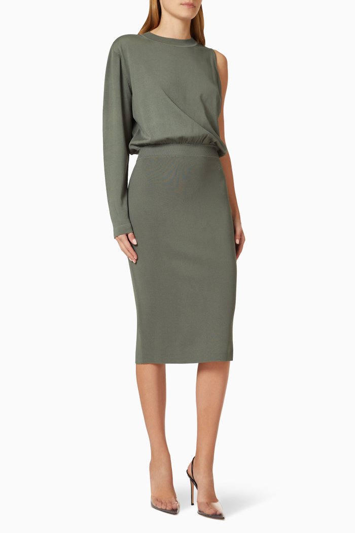 

One-shoulder Asymmetric Midi Dress, Green