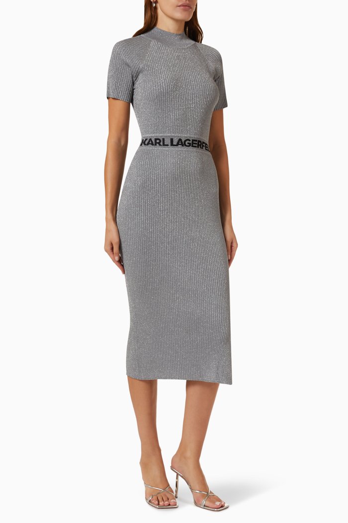 

Belted Midi Dress in Lurex Knit, Silver