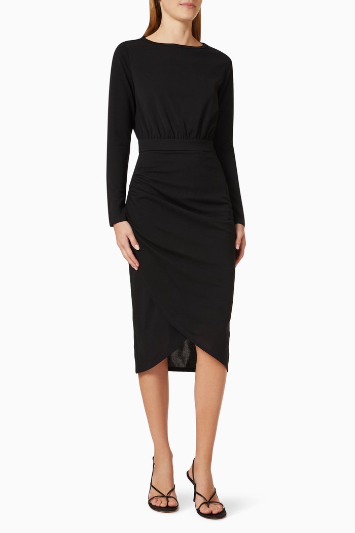 

Long Sleeve Midi Dress in Jersey Knit, Black