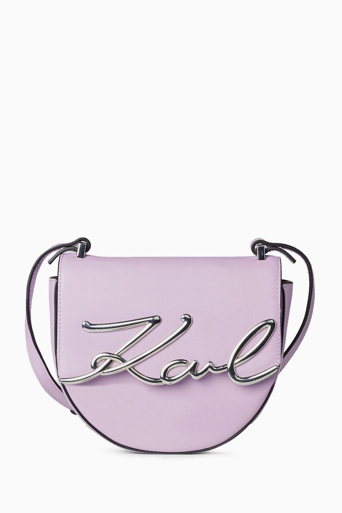 

K/Signature Small Saddle Bag in Leather, Purple