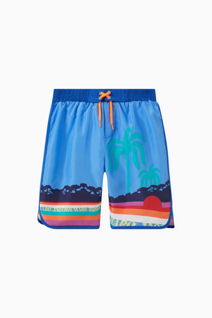 Beach Print Swim Shorts in Nylon, Blue