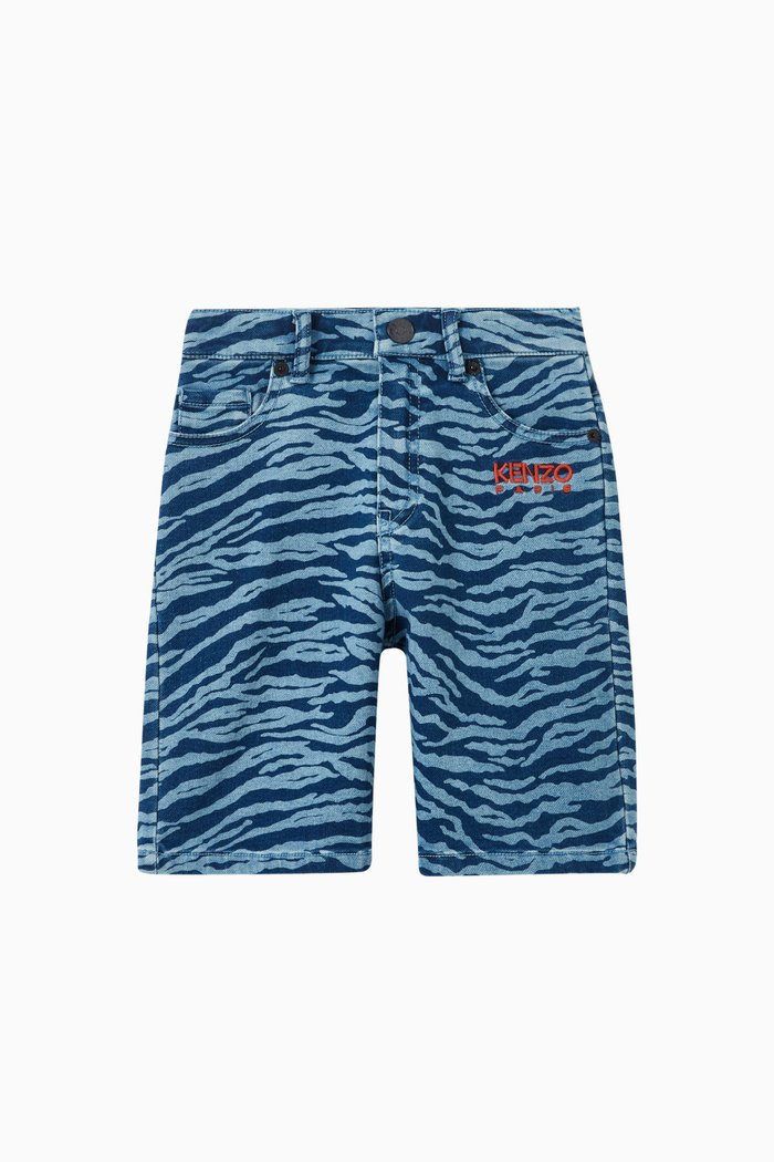 

Rainbow Tiger Stripes Bermuda Shorts in Denim, Blue