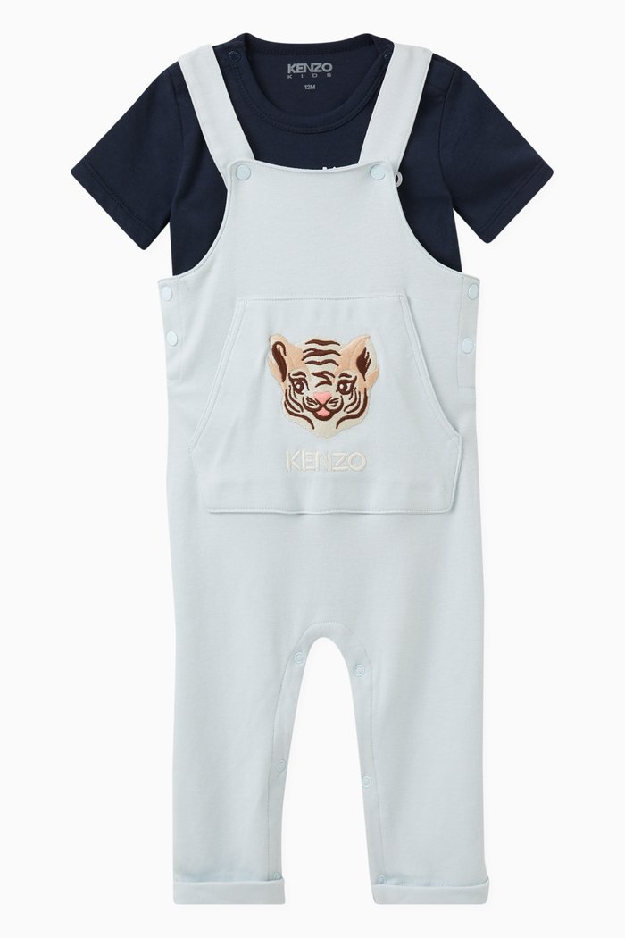 Logo-embroidered Dungaree Set in Cotton, Blue
