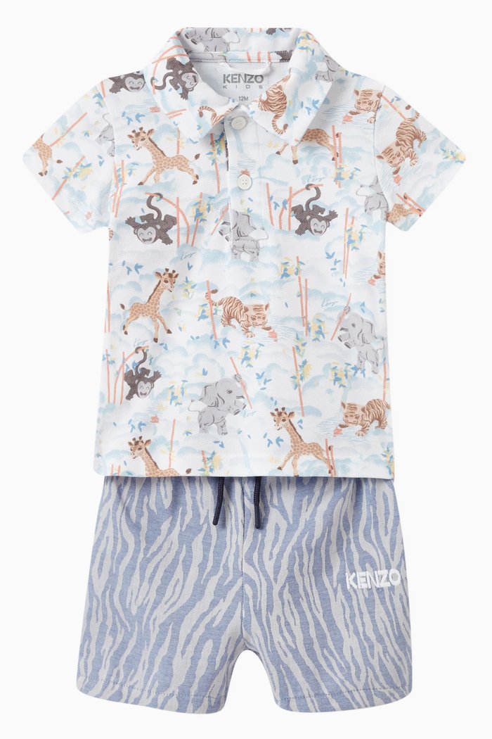 

Bamboo Print Polo Shirt & Shorts Set in Organic Cotton, White
