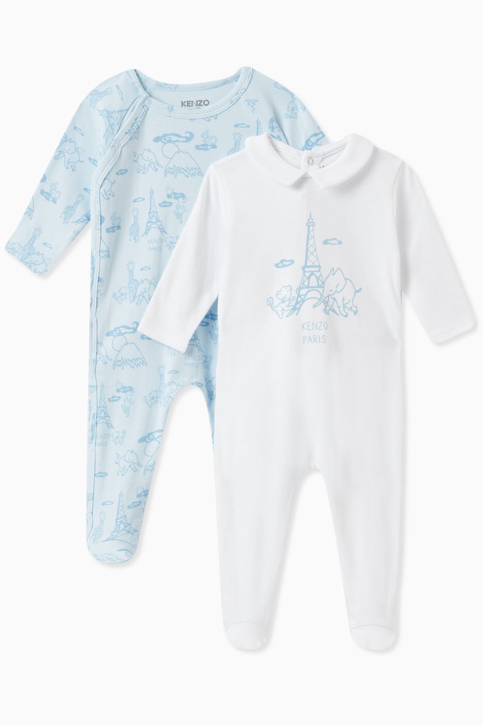 

Graphic Logo Print Sleepsuits in Cotton, Set of Two, Blue