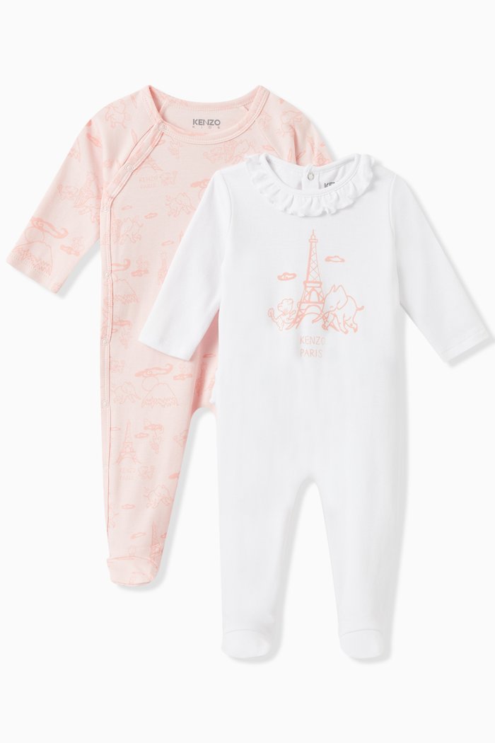 

Graphic Logo Print Sleepsuits in Cotton, Set of Two, Pink