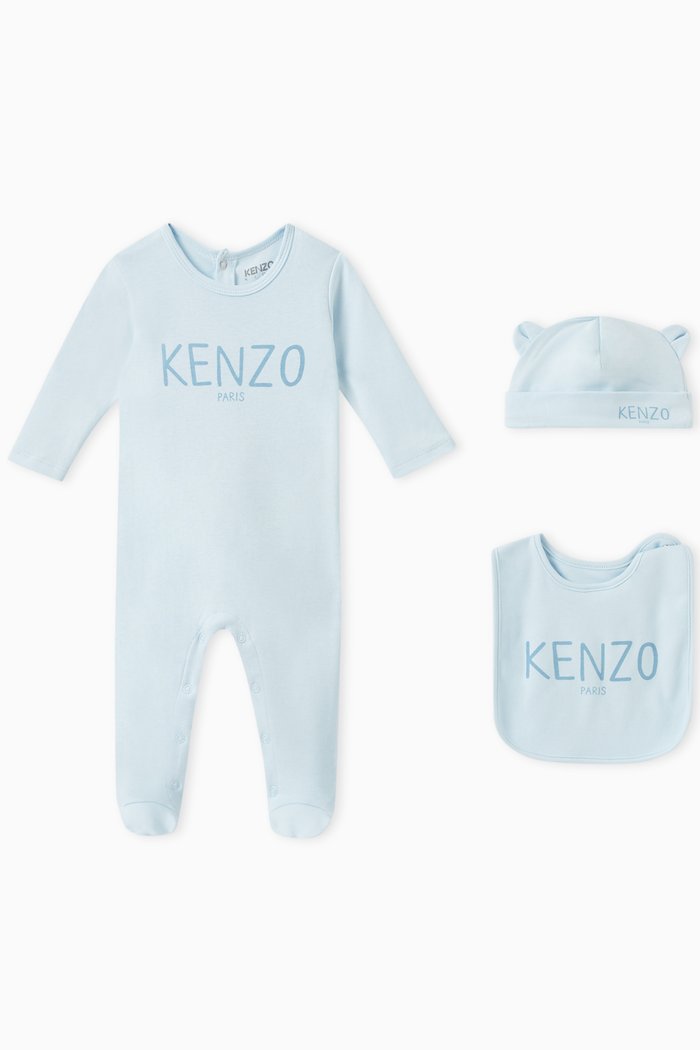 

Logo Print Sleepsuit, Hat and Bib Set in Organic Cotton, Blue