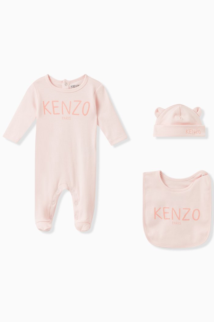 

Logo Print Sleepsuit, Hat and Bib Set in Organic Cotton, Pink