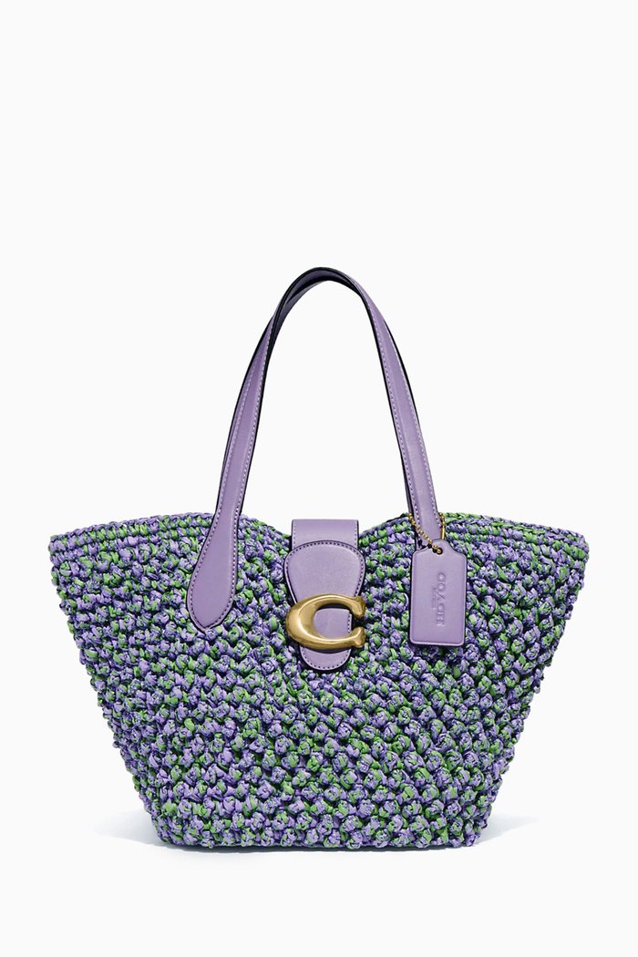 Small Tote Bag in Straw & Leather, Purple