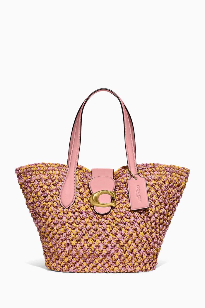 

Small Tote Bag in Straw & Leather, Pink