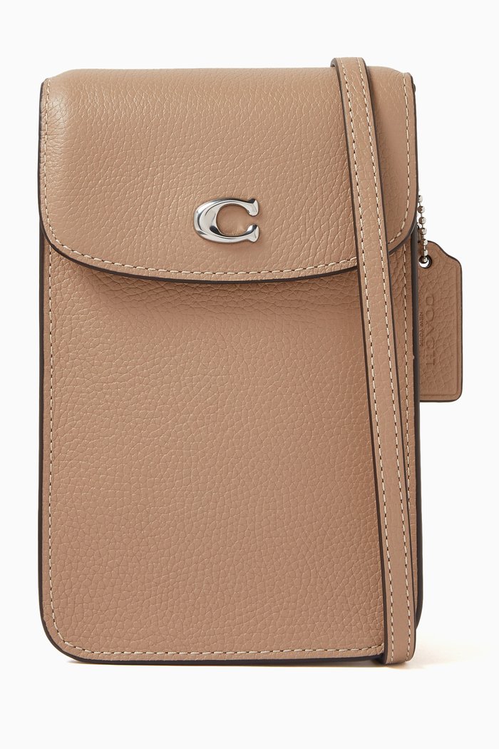 

Phone Crossbody Bag in Pebbled Leather, Neutral