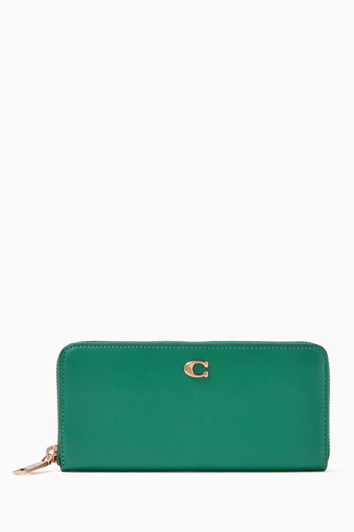 

Slim Accordion Zip Wallet in Smooth Leather, Green