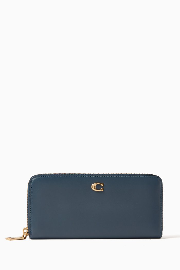 

Slim Accordion Zip Wallet in Smooth Leather, Blue