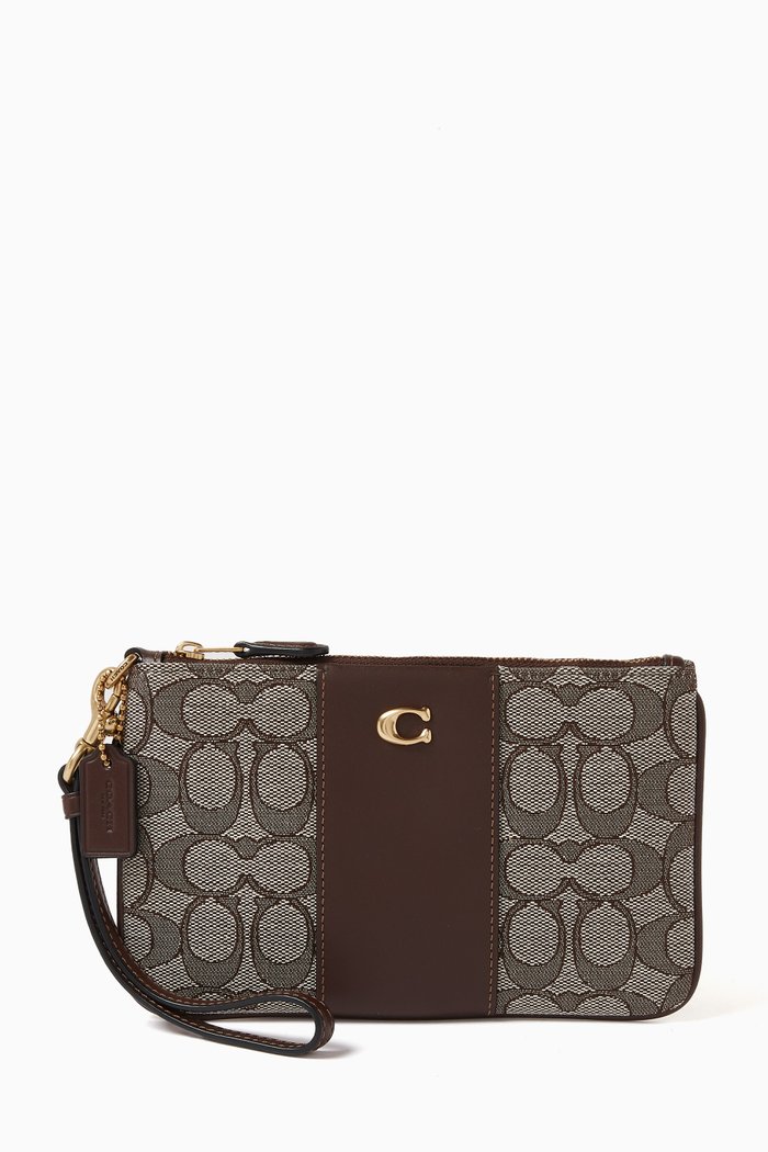 

Small Signature Wristlet in Jacquard & Leather, Brown