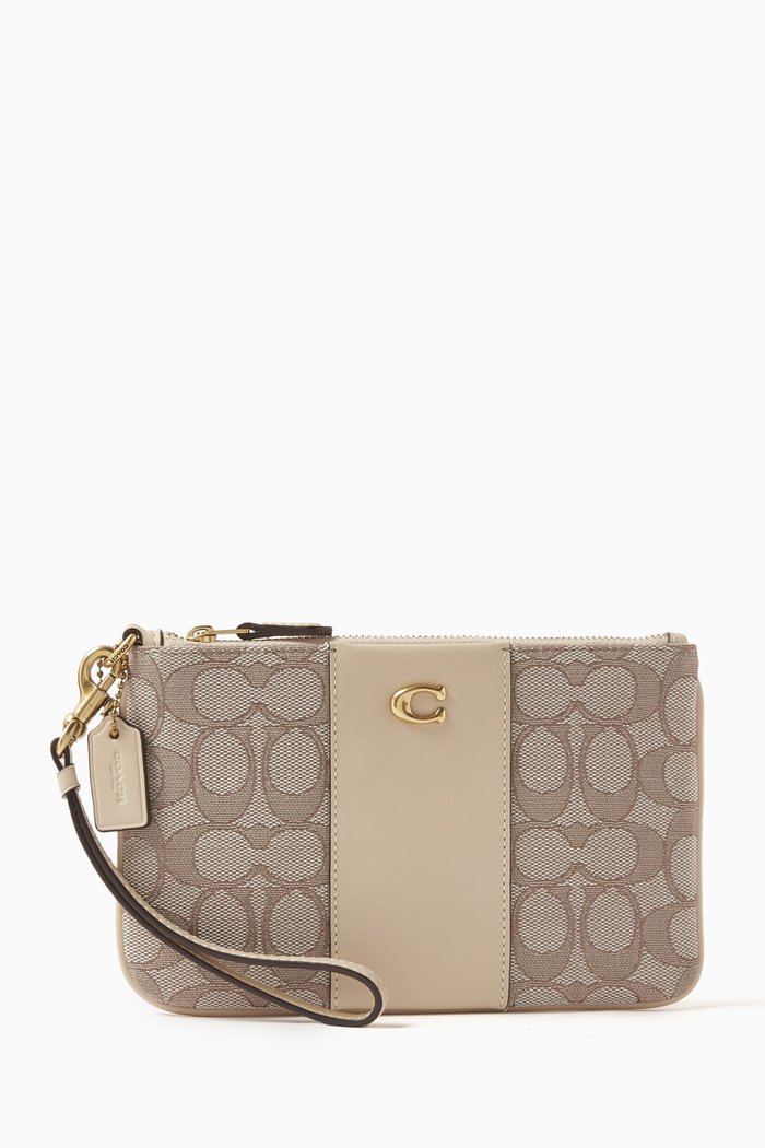 

Small Signature Wristlet in Jacquard & Leather, Neutral