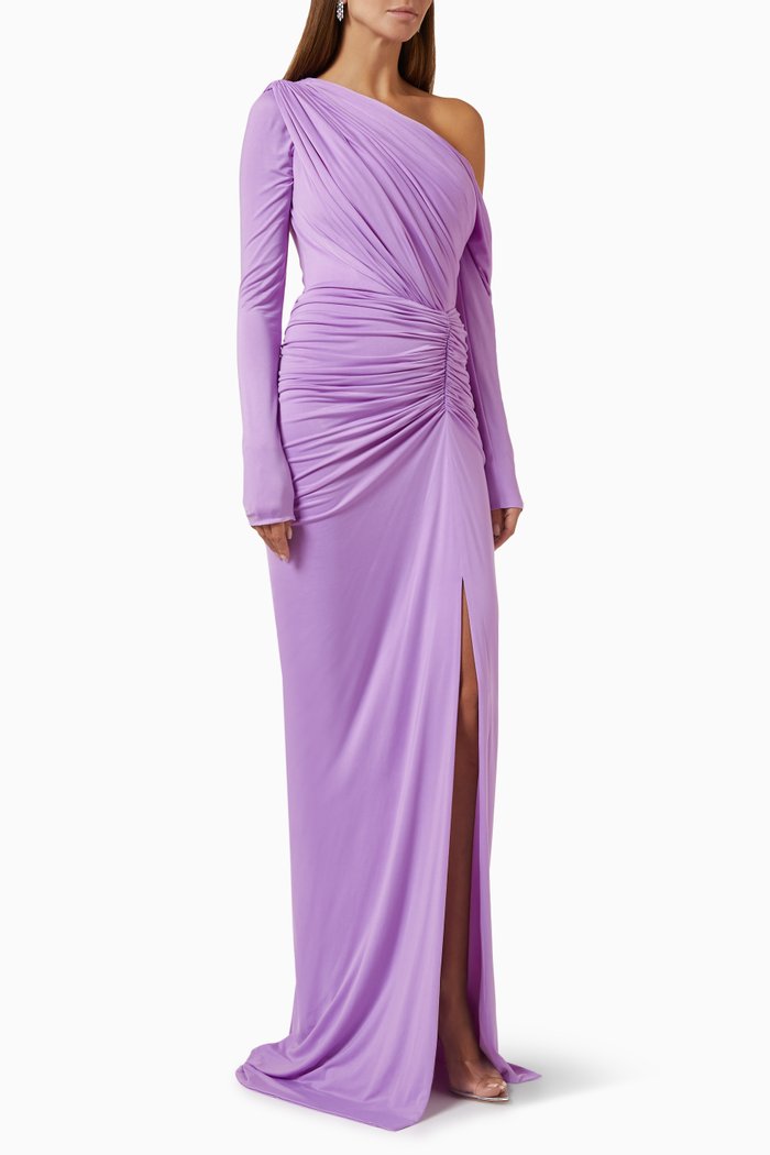 Draped-waist Cold-shoulder Gown in Jersey, Purple