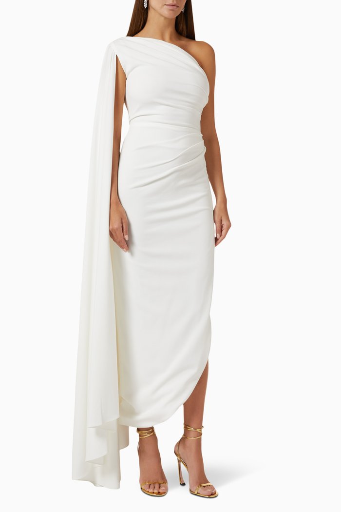 

Elongated-sleeve One-shoulder Maxi Dress in Crepe, Neutral